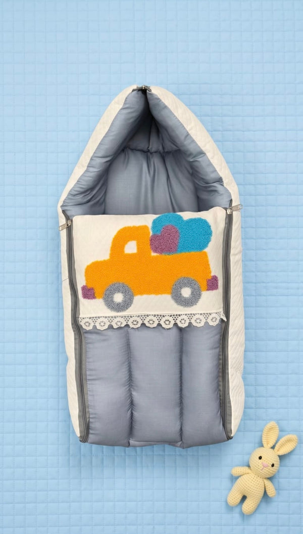 Premium Baby Sleeping Bag with Hood | Soft Cotton Newborn Carry Nest | Car Embroidery Design