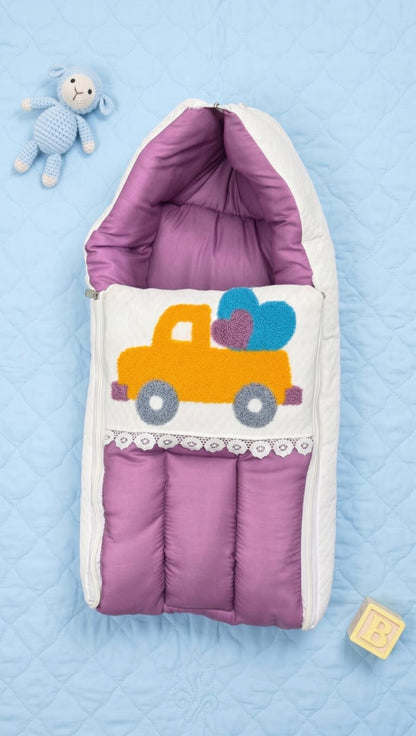 Premium Baby Sleeping Bag with Hood | Soft Cotton Newborn Carry Nest | Car Embroidery Design