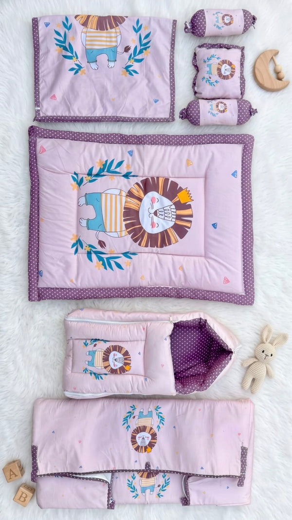 7-Piece Premium Baby Bedding & Sleeping Set | Soft Cotton Newborn Nursery Combo | Lion Print (Pink)